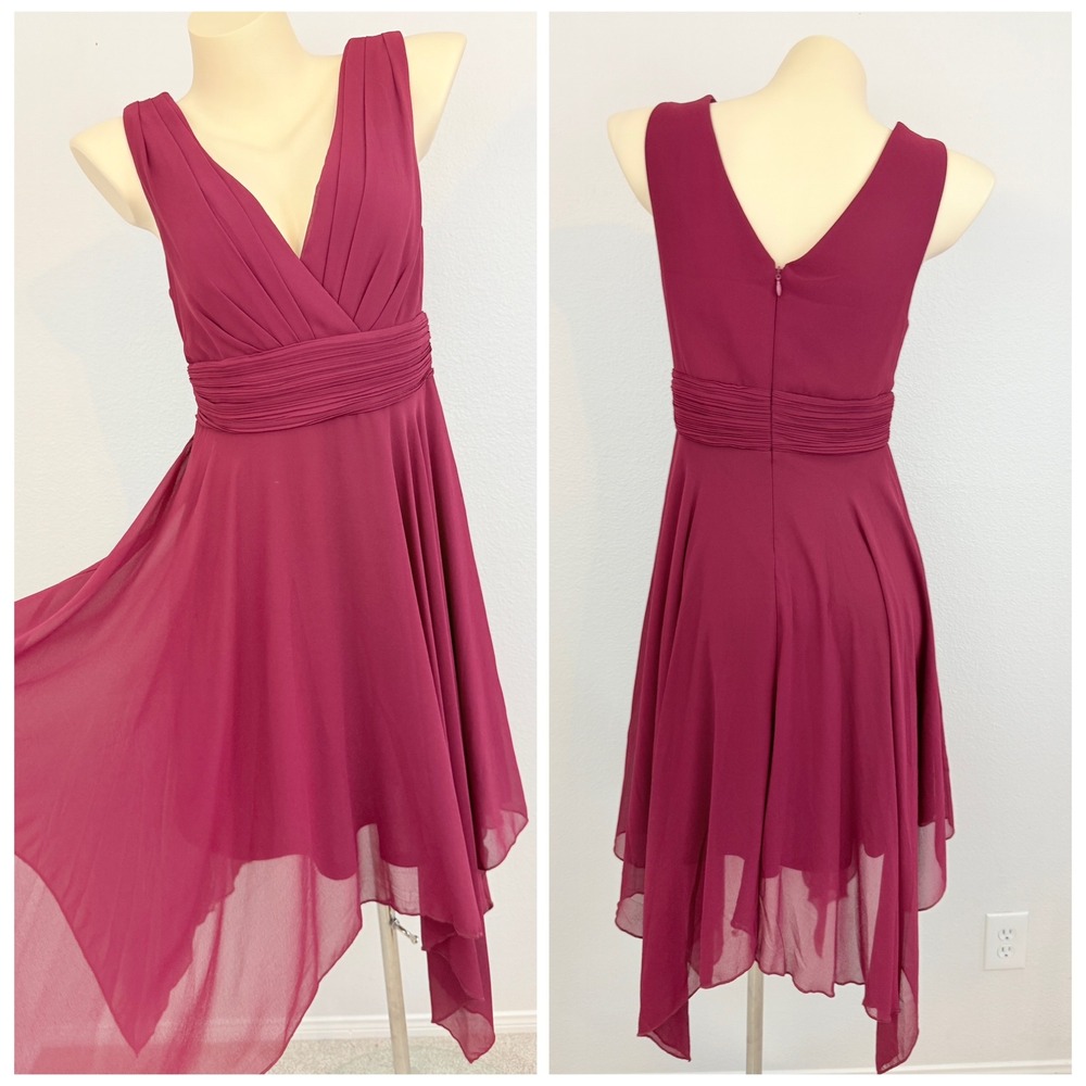 Vtg y2k Burgundy Chiffon Fairycore Whimsigoth Dress Sz 8 Handkerchief Hem